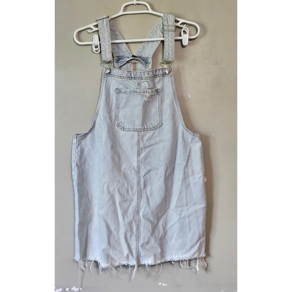 Wild Fable Womens Light Wash Distressed Denim Overall Mini Dress Frayed Hem L